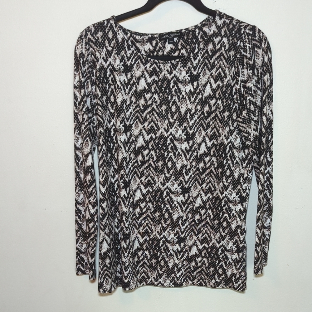Mario Serrani Black and Gray Snakeprint Blouse Scoop Neck Long Sleeve Size M